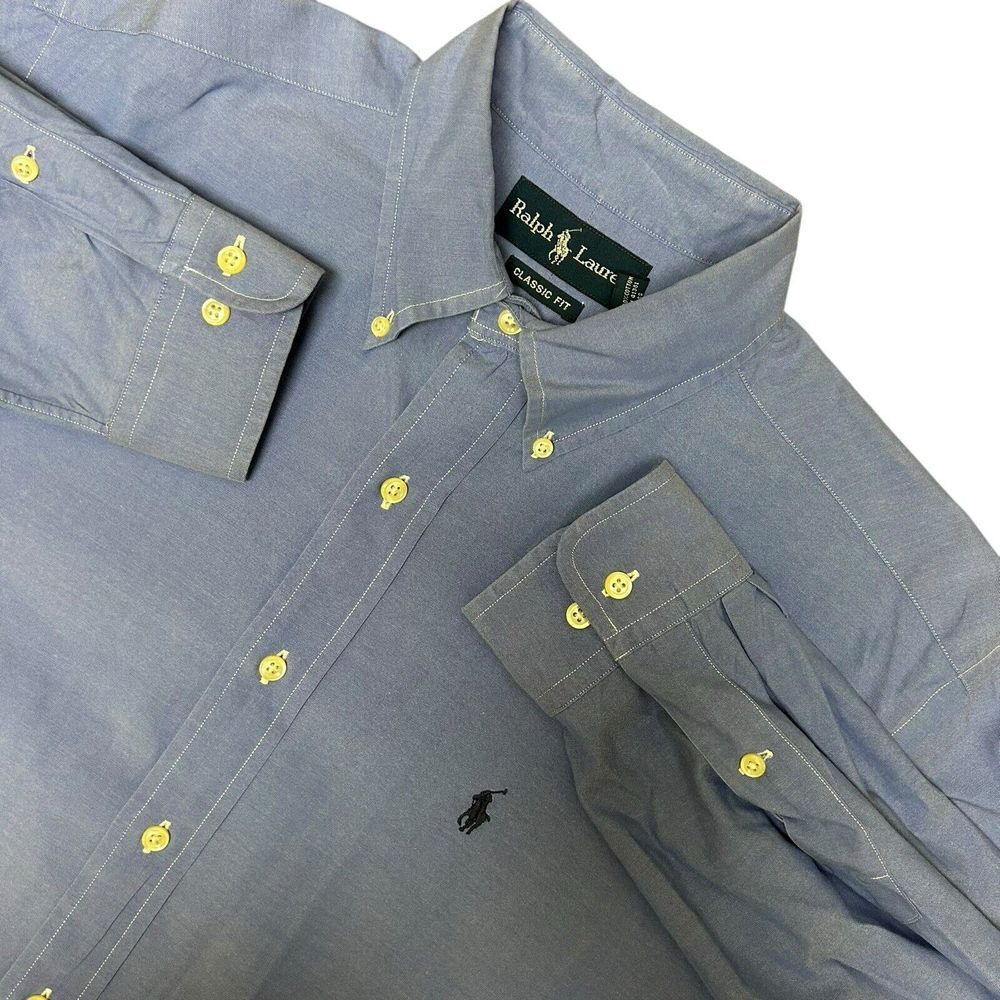 Ralph Lauren Men's Size 15.5 33 Blue Long Sleeve Button Down‎ Vintage Hong Kong